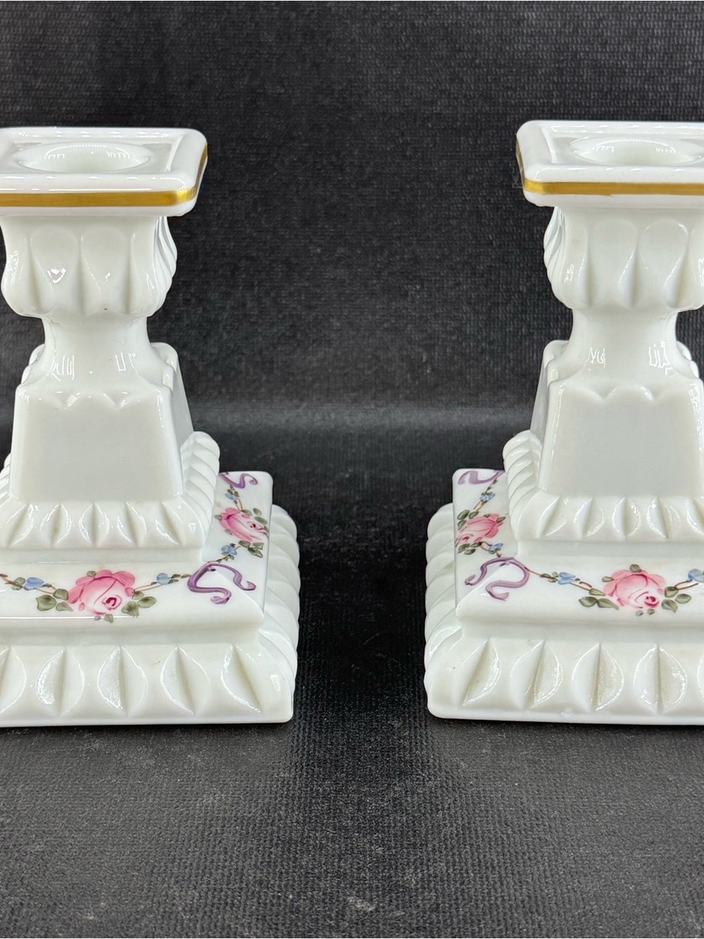 Set of 2 VintageWestmoreland Milk Glass Hand-Painted Floral Candlestick Holders - Picture 6 of 7